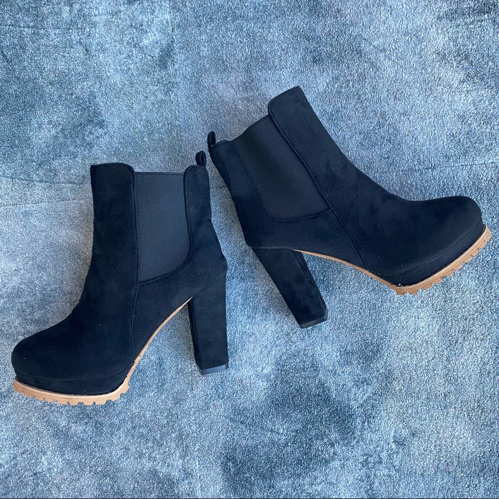 Black Platform Heel Suede Chelsea Ankle Boot with Brown Rubber Sole